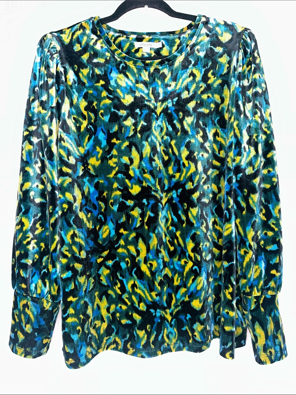 Chico's Blue, Green & Black Velvet-Print Long Sleeve Top